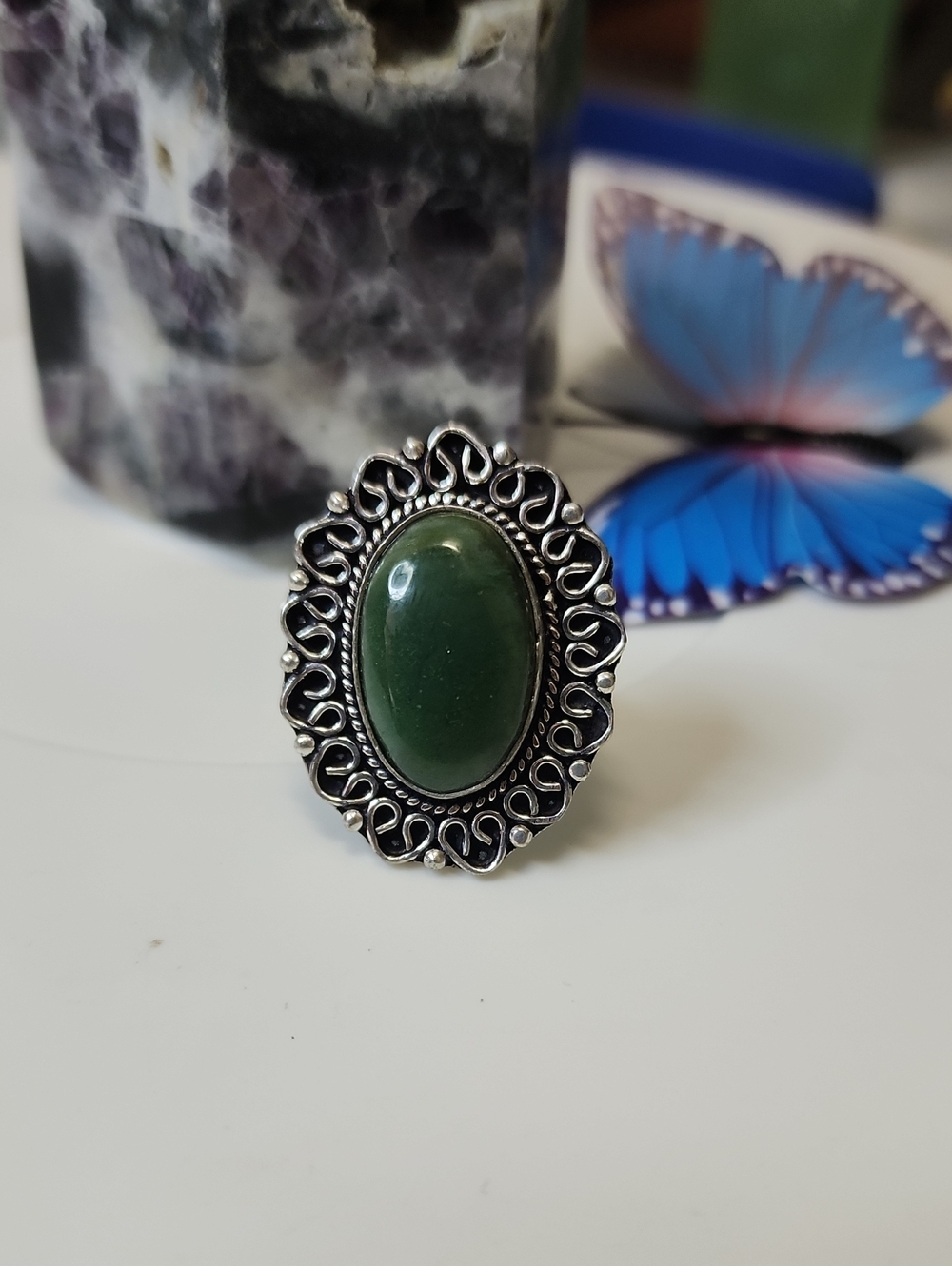 Green Jade Stone Oval Statement Ring